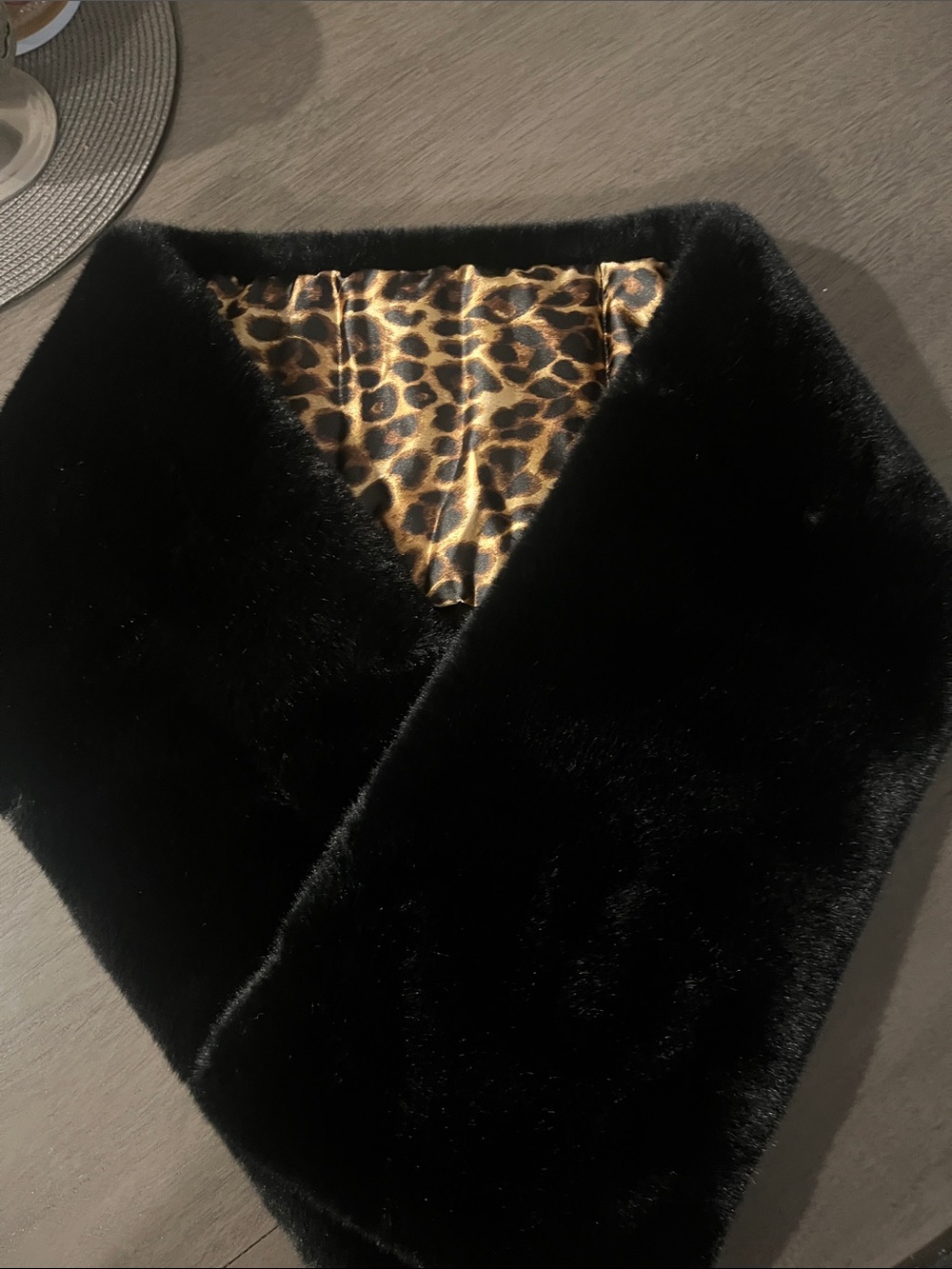 White House Black Market Black Faux Fur Scarf with Leopard Satin Lining